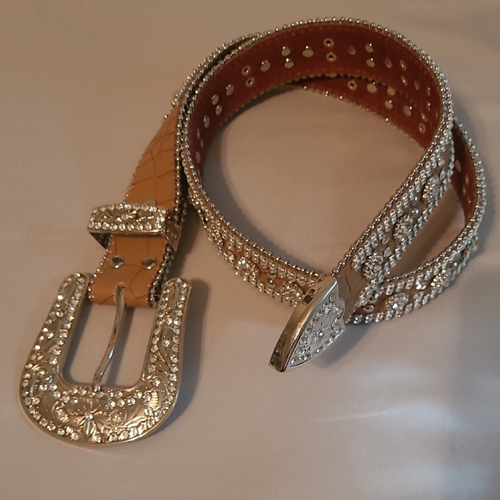 Angel Ranch Tan Leather Belt with Silver and Crystal Embellishments